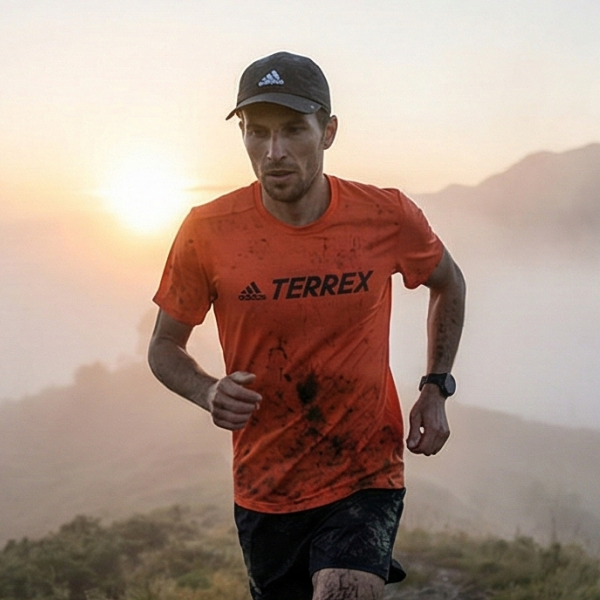 Corredor de trail running en montaña usando camiseta técnica Adidas Terrex naranja con tecnología AEROREADY.