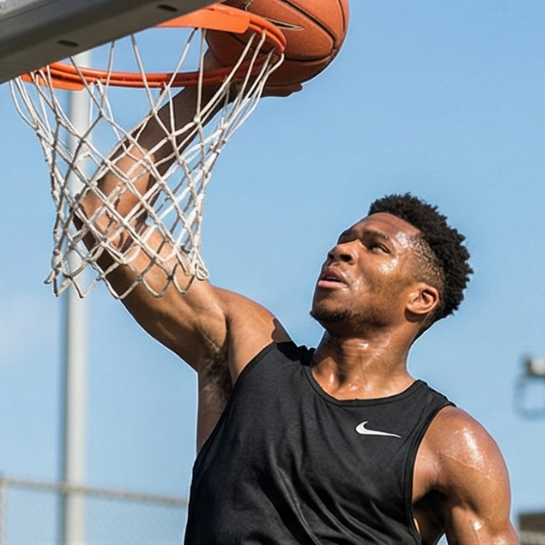 Atleta de baloncesto machacando el aro con camiseta de tirantes deportiva Nike negra y logo Swoosh visible.