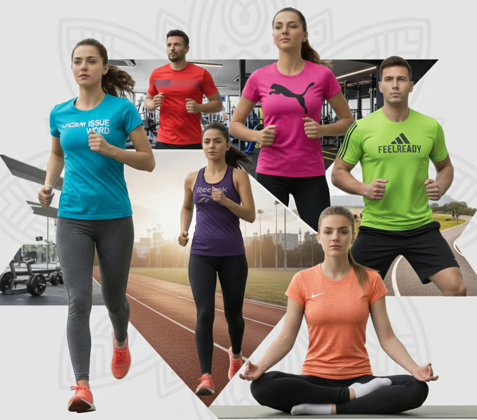 Grupo de atletas diversos vistiendo camisetas deportivas técnicas de marcas como Nike, Adidas y Under Armour practicando running, yoga y entrenamiento de gimnasio.