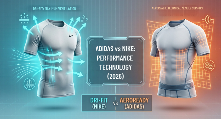 Infografía comparativa de las camisetas deportivas Adidas Techfit vs Nike Pro mostrando las tecnologías AEROREADY y Dri-FIT.