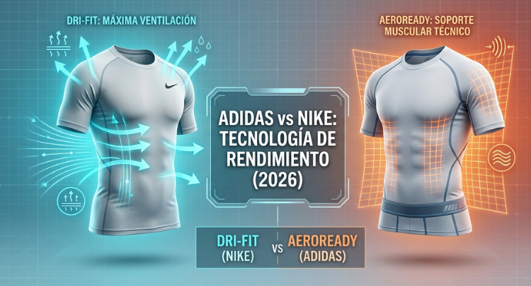 Infografía comparativa de las camisetas deportivas Adidas Techfit vs Nike Pro mostrando las tecnologías AEROREADY y Dri-FIT.